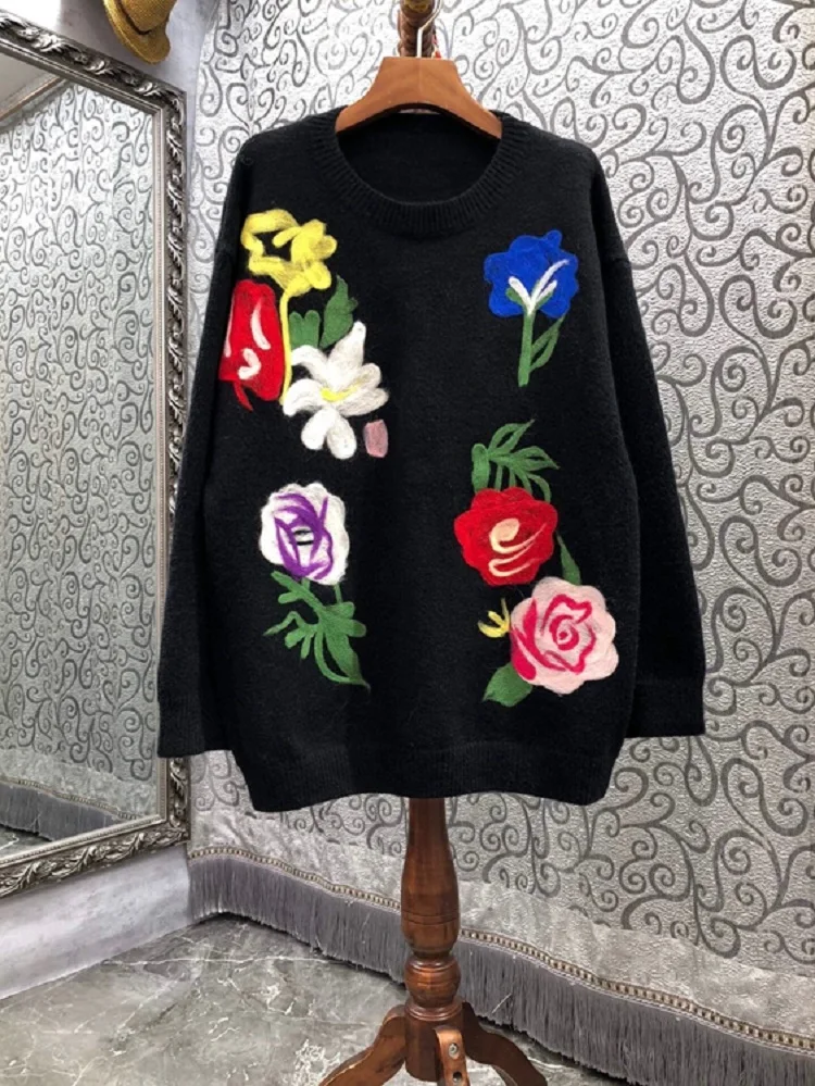 High Quality Wool Sweaters 2021 Autumn Winter Knitwear Women Rose Flower Patterns Long Sleeve Casual Loose Sweaters Knitted