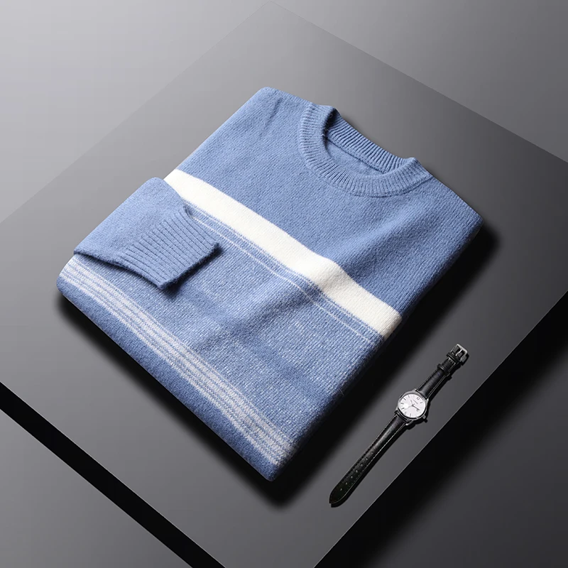 Мужской кашемировый свитер в полоску с длинным рукавом и круглым вырезом |