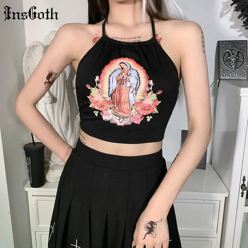 

InsGoth Y2K Sexy Halter Black Camis Goth Grunge Backless Bandage Crop Tops Streetwear Punk Bodycon Women Summer Basic Tops