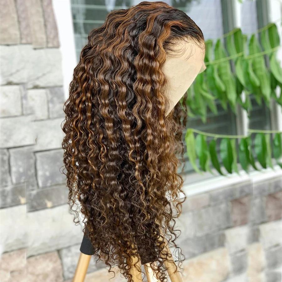 

Middle Part 180% Density Brown Ombre Blonde Highlight Curly 13x4 Lace Front Human Hair Wig For Women With Babyhair Preplucked