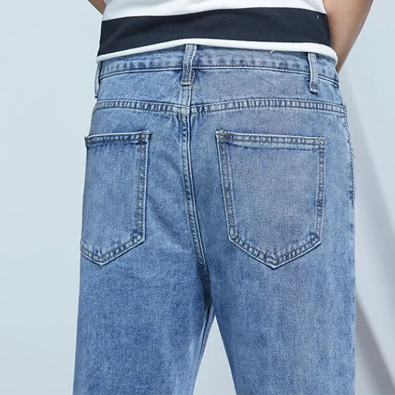 

2021 Spring New Men Straight Cropped Jeans Fashion Loose Male Denim Pants Student Ankle-Length Pants Men's casual Trousers