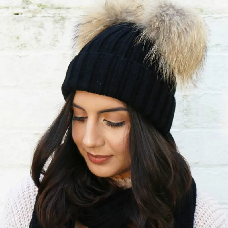 

Winter Brand Female Fur Pom Poms hat Winter Hat For Women Girl 's Hat Knitted Beanies Cap Hat Thick Women Skullies Beanies