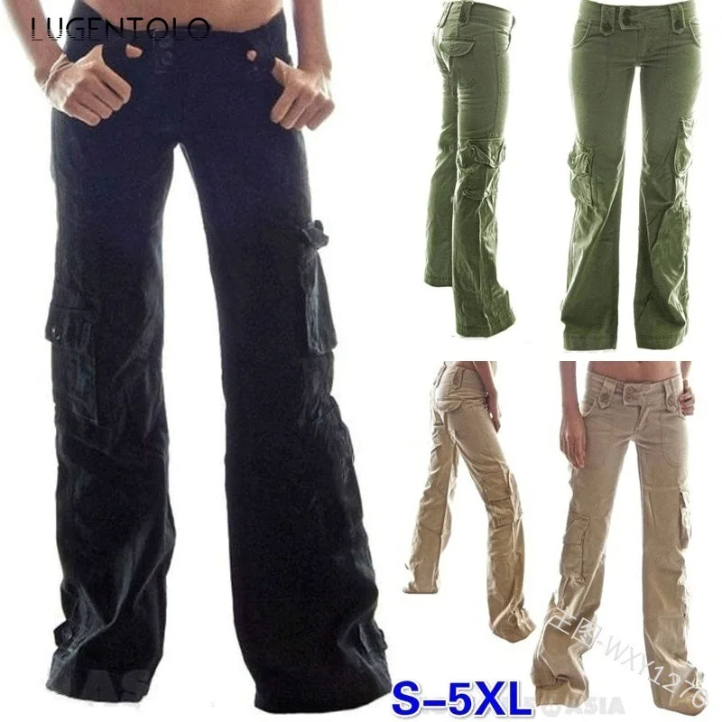 

Lugentolo Plus Szie Pants Women Summer Solid Color Low Waist Pockets Full Length Button Fly Streetwear