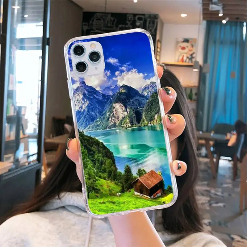 

natural scenery lake Snow Phone Cases Transparent for iPhone 6 7 8 11 12 s mini pro X XS XR MAX Plus