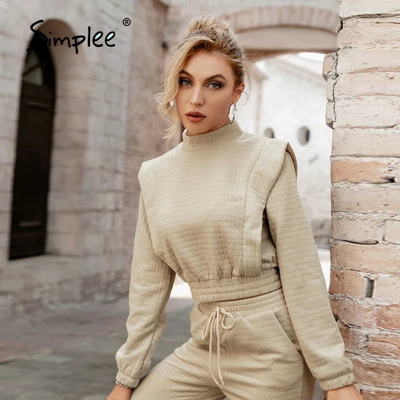 

Simplee Two piece short women sweatshirt set autumn Elastic lace up cotton casual pants sets Fashion solid female tracksuits