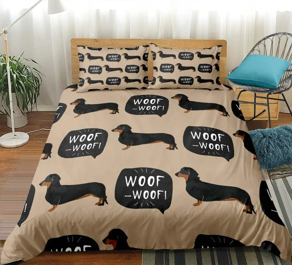 01 Cartoon pet Bedding set Dachshund Sausage dog Duvet cover set Cute dog quilt cover teen kids Taupe bed cover King home Textile - Цвет: 01