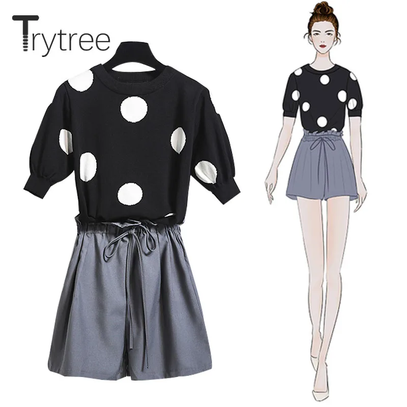 

Trytree 2020 Summer Women Two Piece Set Casual O-neck Dot Knitting Loose Top + Shorts Elastic Waist Drawstring 2 Piece Set