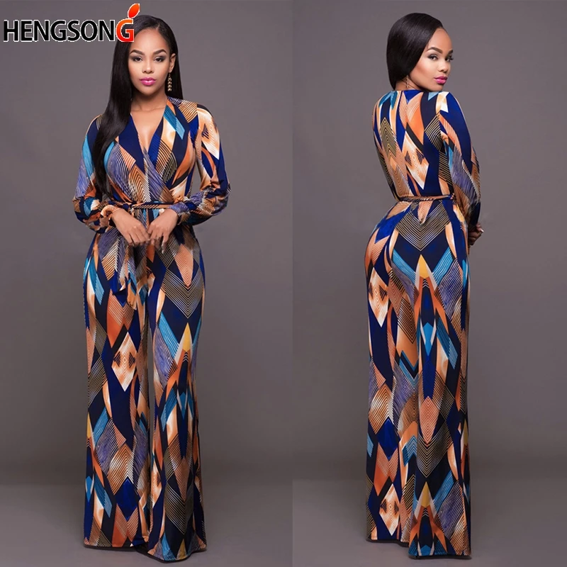 

Female Vintage Digital Print Boho Jumpsuit Romper V Neck Long Sleeve Casual Long Sash Autumn Jumpsuit Women Overalls