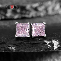 oevas 100 925 sterling silver 66mm pink aquamarine yellow high carbon diamond stud earrings for women sparkling fine jewelry