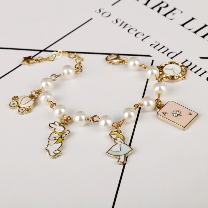 

Fashion Alice Wonderland Pendants Bracelets For Women Cute Alice Rabbit Clock Imitation Pearl Link Chain Bangle Girls Jewelry