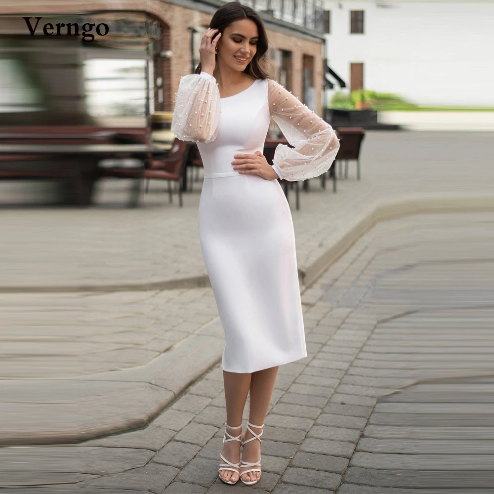 

Verngo Modest White Sheath Wedding Dresses Pearls Puff Long Sleeves Satin Midi Tea Length Bridal Party Gowns Women Formal Dress