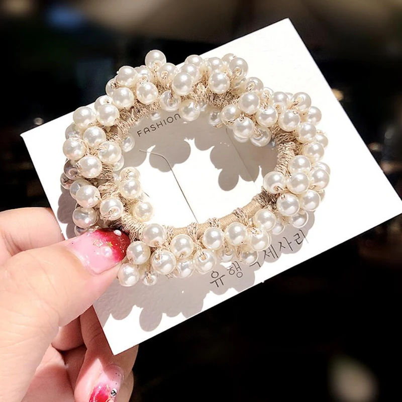 

Women Pearls Beads Hair Bands Ponytail Holder Vintage Elastic Headbands Hair Acc Girls Scrunchies Rubber Rope Headdress