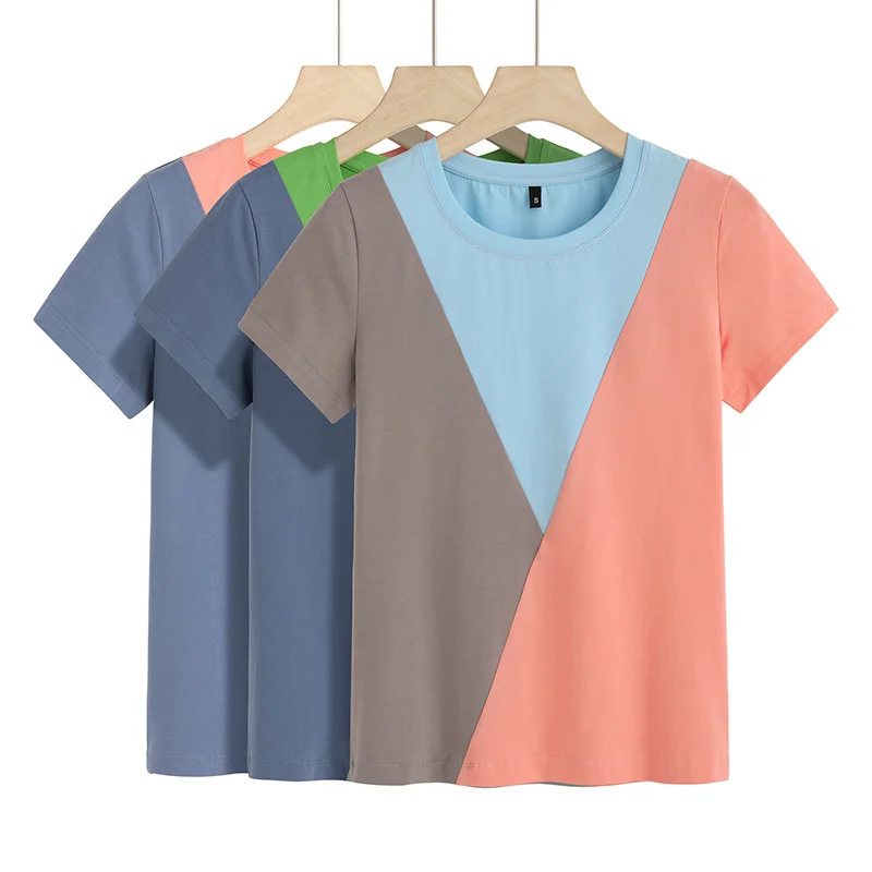 

2021 spring and summer new ins super fire fashion splicing contrast round neck foreign style t-shirt female short sleeve 6919