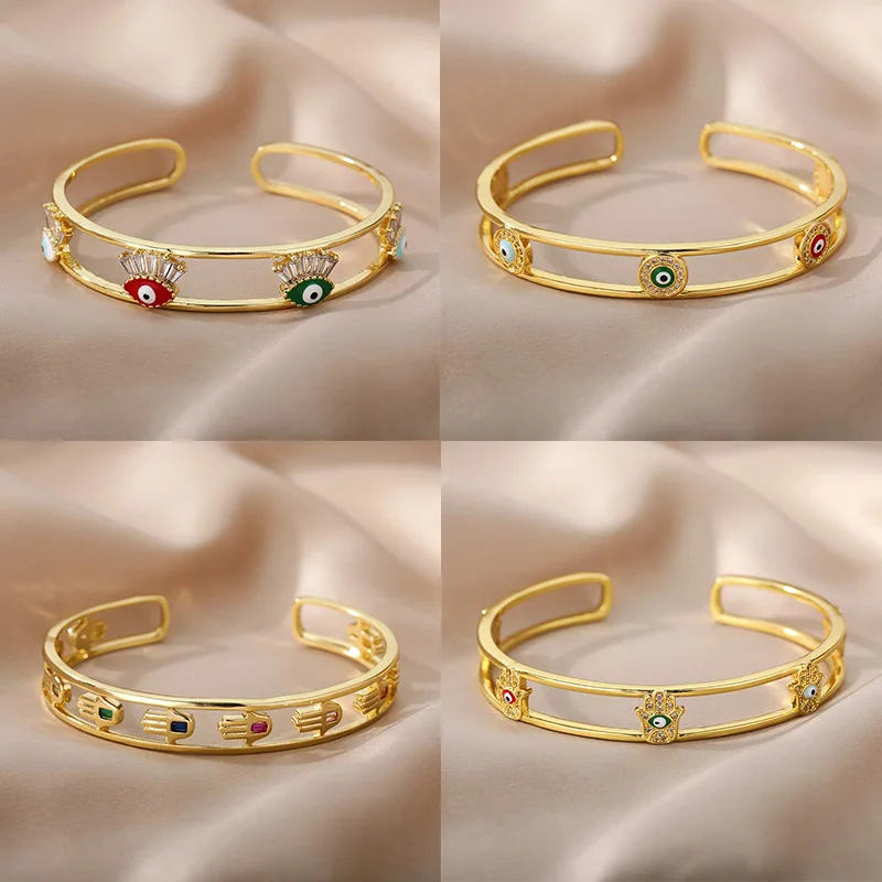 

Evil Eye Bracelet Bangles For Women Friends Gold Open Adjustable Zircon Crown Eye Gesture Couple Bangles HipHop Punk Jewelry BFF