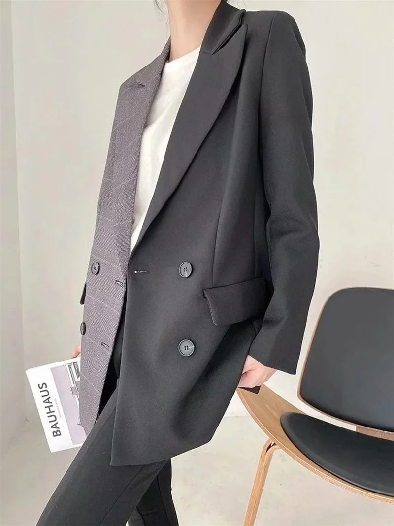 2023 Women Double Breasted Mid-Length Patchwork Casual Office Blazer Suit Commute Formal Clothing Classic Contrast Colors Blazer