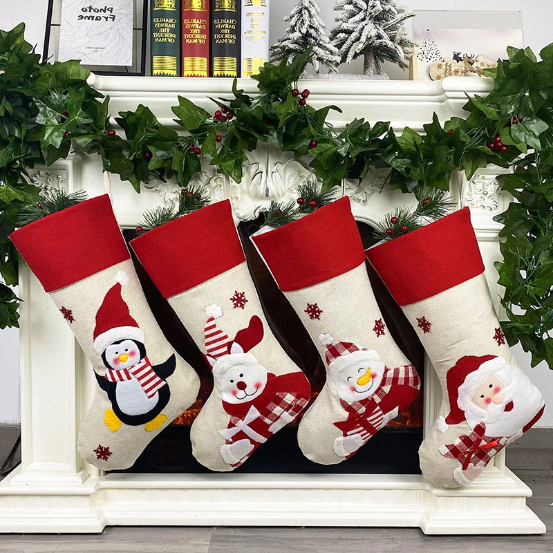 

4Pcs Christmas Stocking Socks Snowman Santa Claus Elk Xmas Candy Gift Bag Holder Fireplace Xmas Tree Decoration New Year