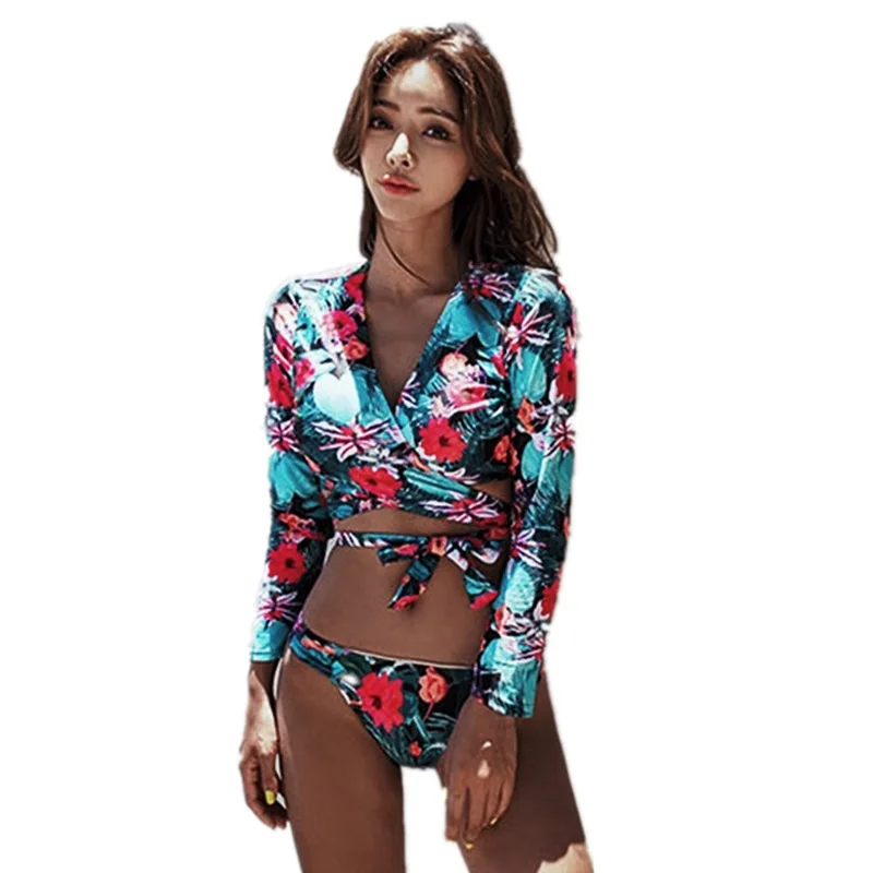 

Swimming Swimwear Women Bodysuit Rashguard Kitesurf 2020 New Arrivals Ins Sexy Sun Proof Long Sleeve Print Split Swimsuit