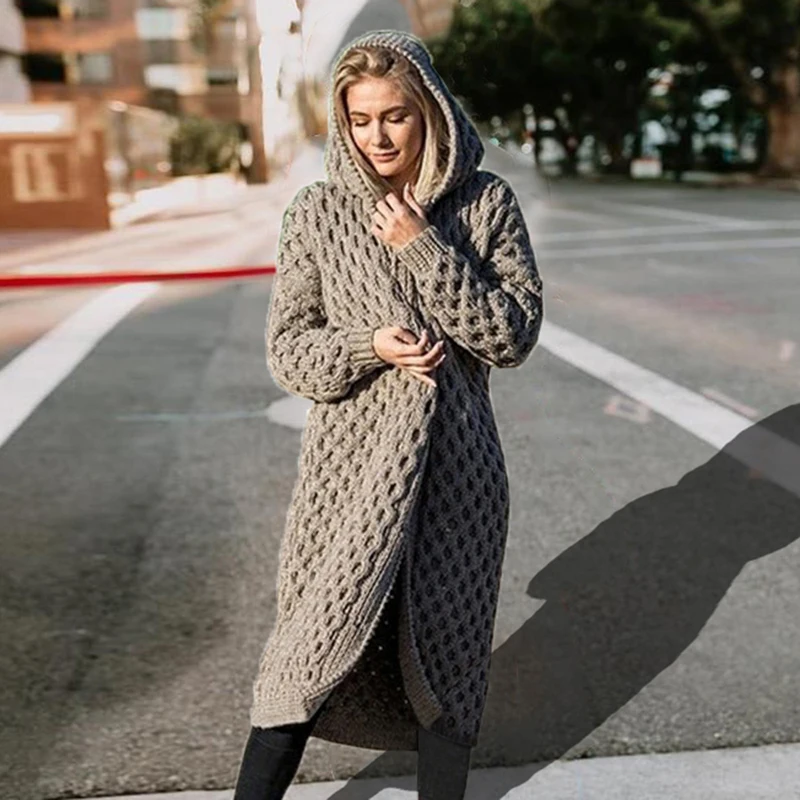 2019 New Warm Women's Solid Sweaters Casual Long Hooded Knitted Sweater Sleeve Cardigan Women Female Cotton Coat |
