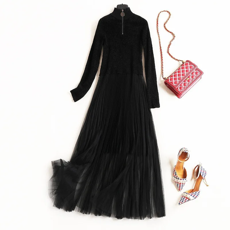 

European Autumn 2019 Winter New Fashion Plus Size High Collar Corduroy Zipper Tops Stitching Black Long Mesh Maxi Dress Women