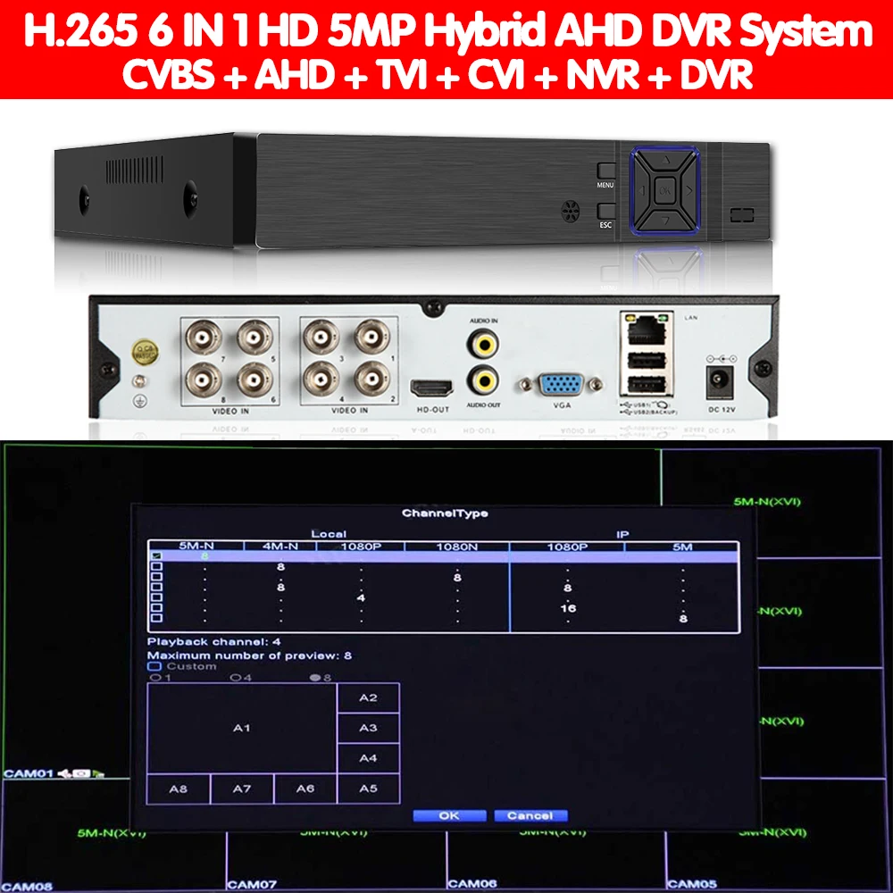 Камера видеонаблюдения HD 5 в 1 МП AHD DVR NVR XVR 8 каналов 1080 P 4 гибридный