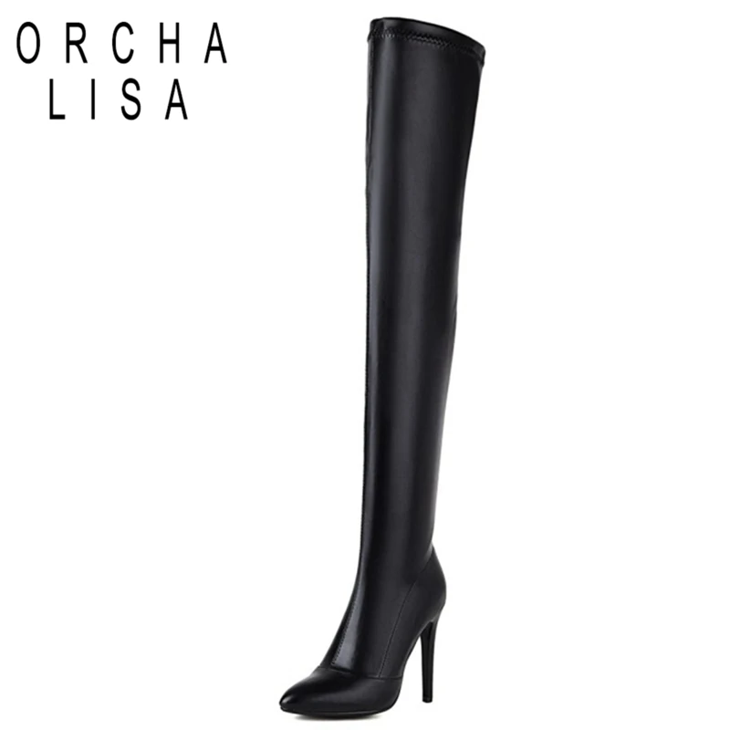 

ORCHALISA Sexy Luxury Party Over Knee High Boots PU Leather Zipper Pointed Toe 12cm Stileeto Heel Ladies Plus Size 49 S2464
