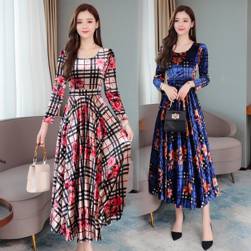 Осеннее Новое корейское золотистое бархатное платье темперамент плюс размер