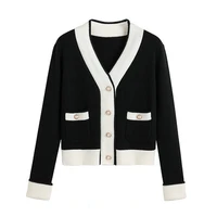 spring autumn women short cardigan knitted sweater long sleeve v neck loose coat casual button thick black white female top