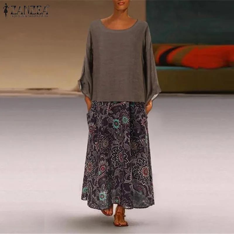 ZANZEA женское хлопковое льняное Длинное Макси платье с винтажным принтом Vestidos женское летнее платье повседневное мешковатое платье из 2 предметов Femme