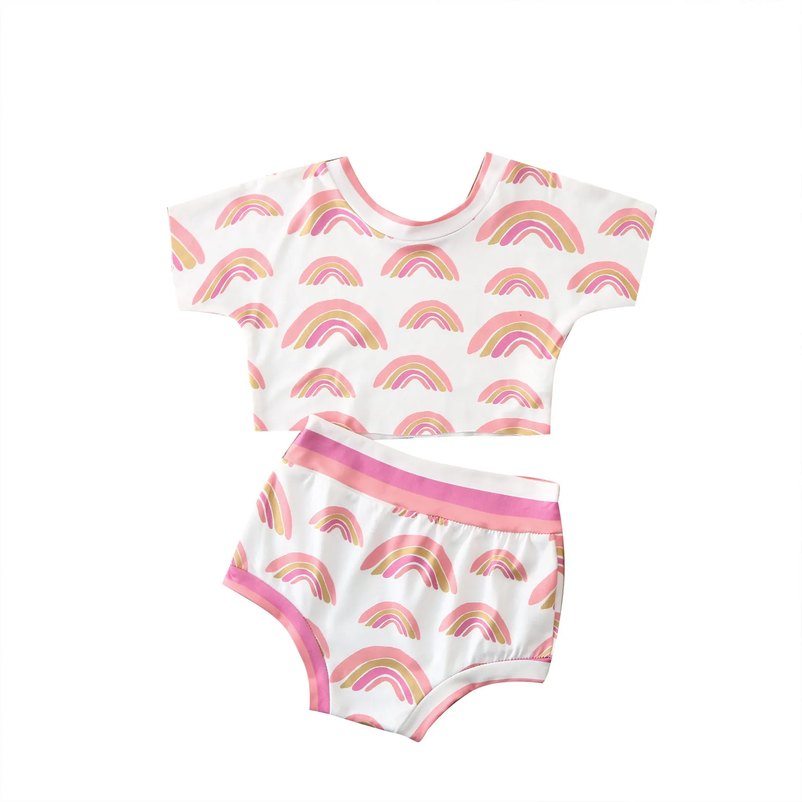 

Rainbow Print Girls Suit Children's Short-sleeved Rainbow Printed Round Neck Short Crop Top T-shirt + Printed Shorts Baby Sets