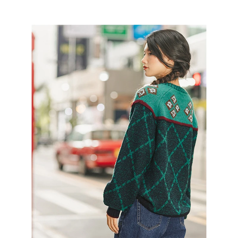 INMAN Winter New Arrival Literary O-neck Jacquard Contrast Color Thick Loose Women Pullover