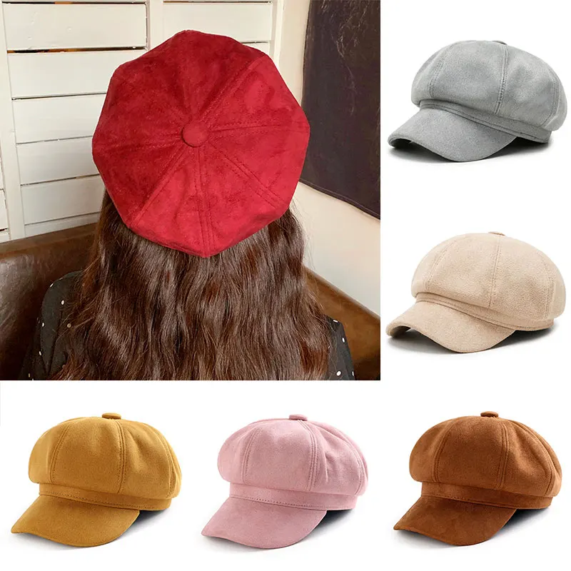 

Women's Winter Suede Retro Painter Beret Hat Solid Color Peaked Octagonal Cap Ladies Autumn Short Brim Hat