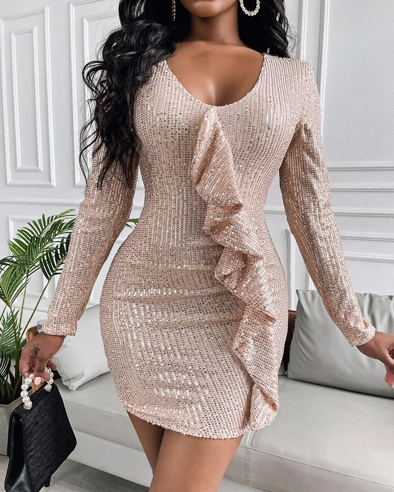 

Мини-платье с блестками, женские сексуальные платья с оборками на Подоле и длинным рукавом, платья с рюшами, повседневное вечернее облегающ...