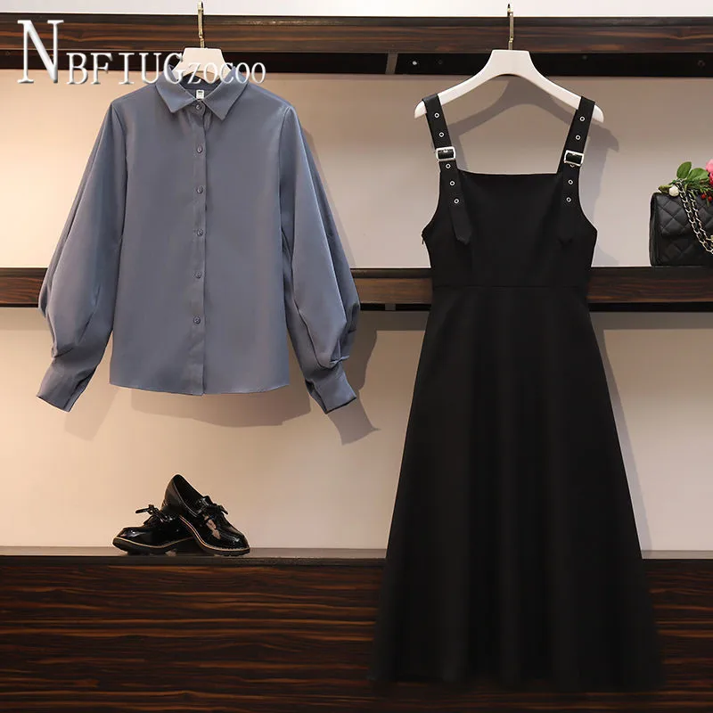

2020 Autumn New Plus Size Fashion Women Sets Long Sleeve Blouse And Suspender Dress Female Sets