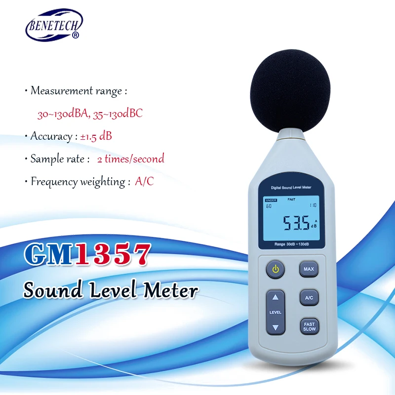 Цифровой измеритель уровня звука BENETECH 30 130dB GM1357 шумомер в децибел ЖК дисплей A/C