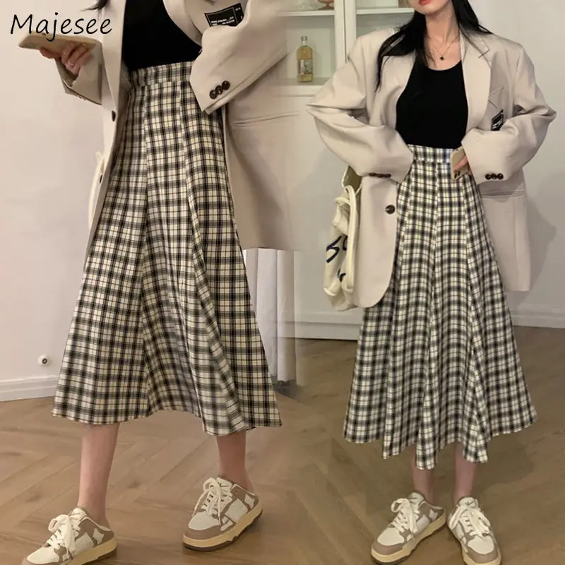 

Plaid Skirts Women High Waist College Mid-calf Vintage All-match Autumn Streetwear Korean Style Leisure Trendy Faldas Feminino