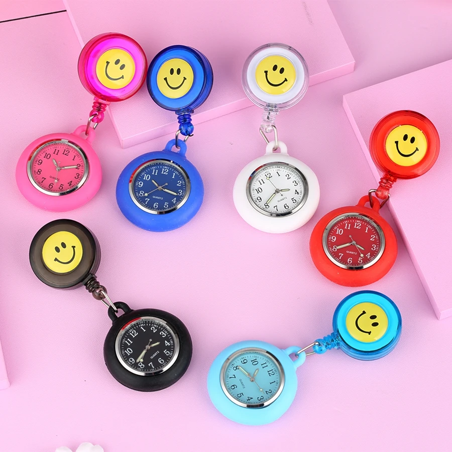 Colorful Smile Faces Quartz Pocket Watch Nursery Clocks Pendant Hanging Watch unisex doctor medical FOB pocket hang clip Watch stylish yellow pentagon smile face nurse watch plastic quartz pocket watches luminous hands pendant watch clip unisex cep saati