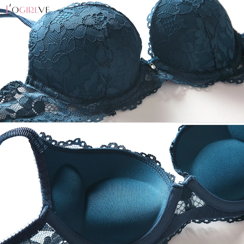 logirlve hot sexy push up bra set brand deep v brassiere thick cotton women underwear set lace blue embroidery flowers lingerie free global shipping