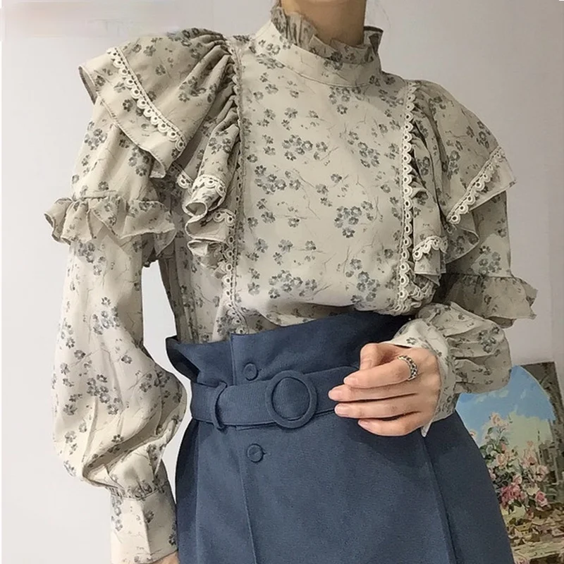 

Spring Vintage Floral Women Blouse Korean Lace Patchwork Ruffle Stand Neck Shirt 2021 New Long Sleeve Pullover Top Blusa