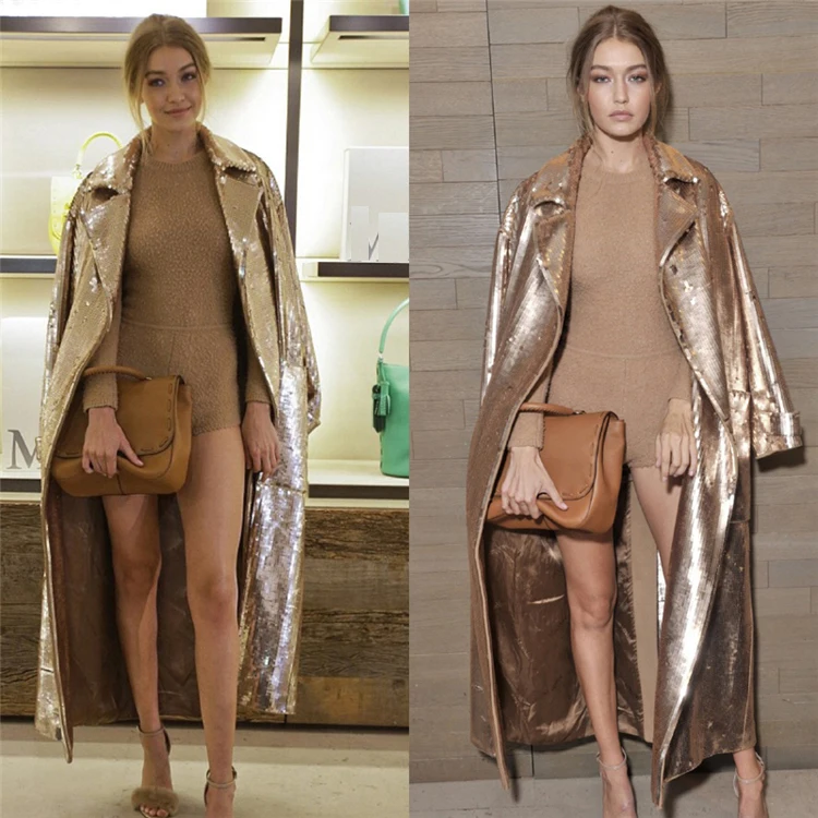Женский Длинный Тренч с золотыми блестками элегантный подиумный Повседневный
