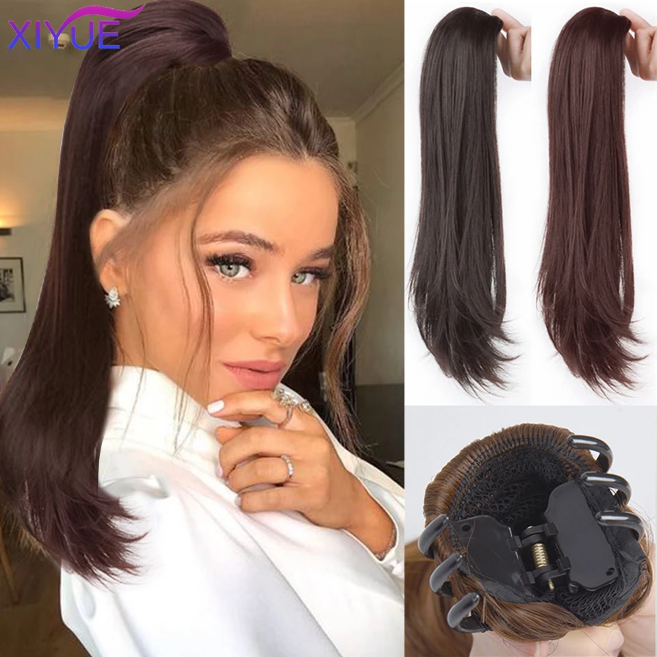 Synthetic Long Straight Claw Clip On Ponytail Hair Extensions 24Inch Heat Resistant Pony Tail Hair piece For Women Daily Party