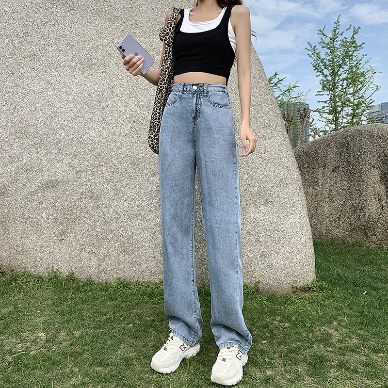 

varofi 2021 new high-waisted jeans fashion all-match straight tube loose to show slim drape wide leg pants