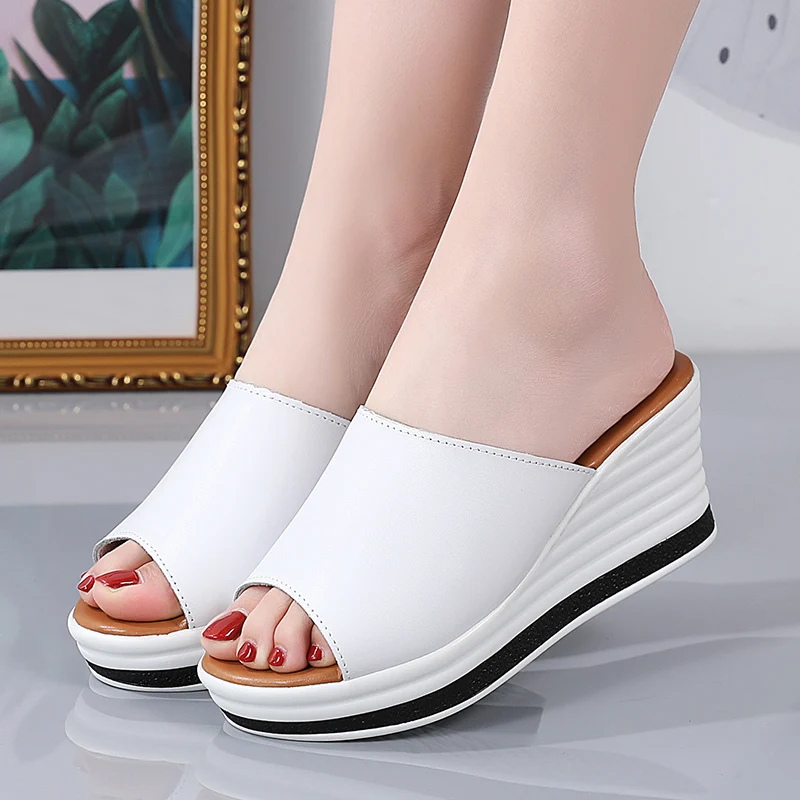 

CRLAYDK Women Leather Casual Wedge Slippers Summer Beach Platform Sandals Fashion Ladies Slip on Flatform Slides Claquette Femme