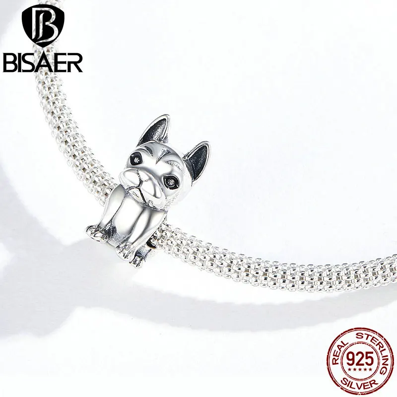 BISAER, 925 пробы, серебро, милая серия животных, французский бульдог, Очаровательные Подвески, подходят для браслетов и ожерелья, сделай сам, ювелирные изделия HSC1306