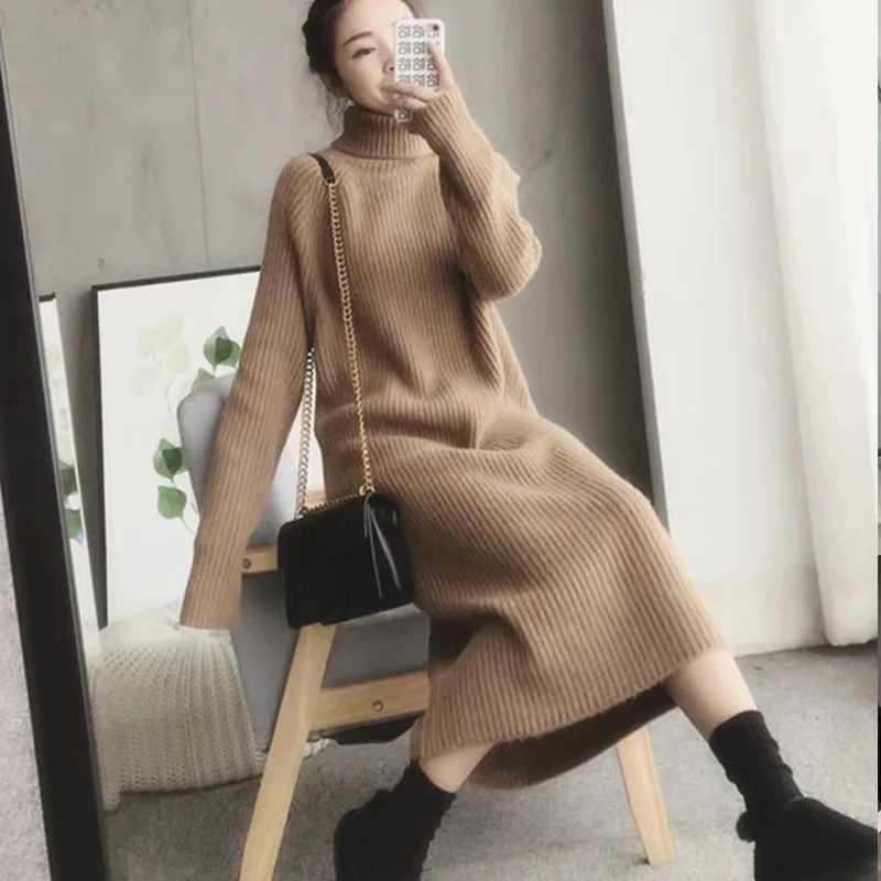 

Turtleneck knitted sweater dress ladies fall winter elastic cashmere bottoming shirt midlength over the knee thick sweater dress