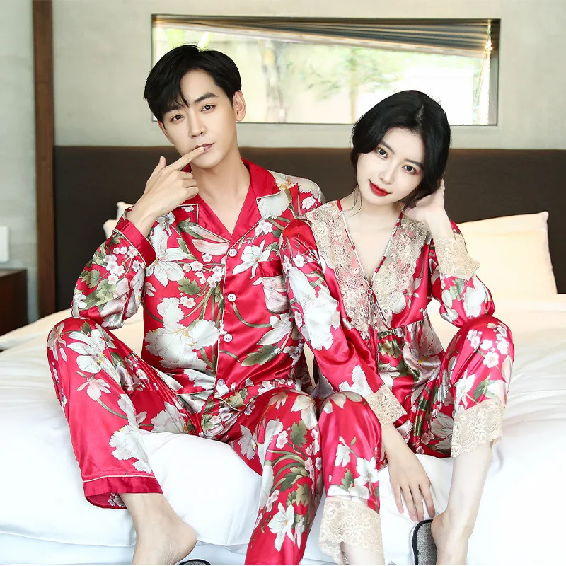 

Couple Print Rayon Pajamas Sets 2PCS Lace Trim Pyjamas Bride Bridegroom Wedding Sleep Suit Sleepwear Summer 3XL Home Nightwear