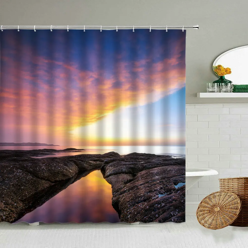 

Ocean Waves Reef Stone Waterproof Shower Curtain Sunshine Sunset Sea Scenery Nature Photography Bathroom With Hook Cloth Screen