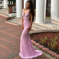 jeheth deep v neck sexy lace evening dresses mermaid spaghetti straps backless floor length party prom gowns robes de soir%c3%a9e
