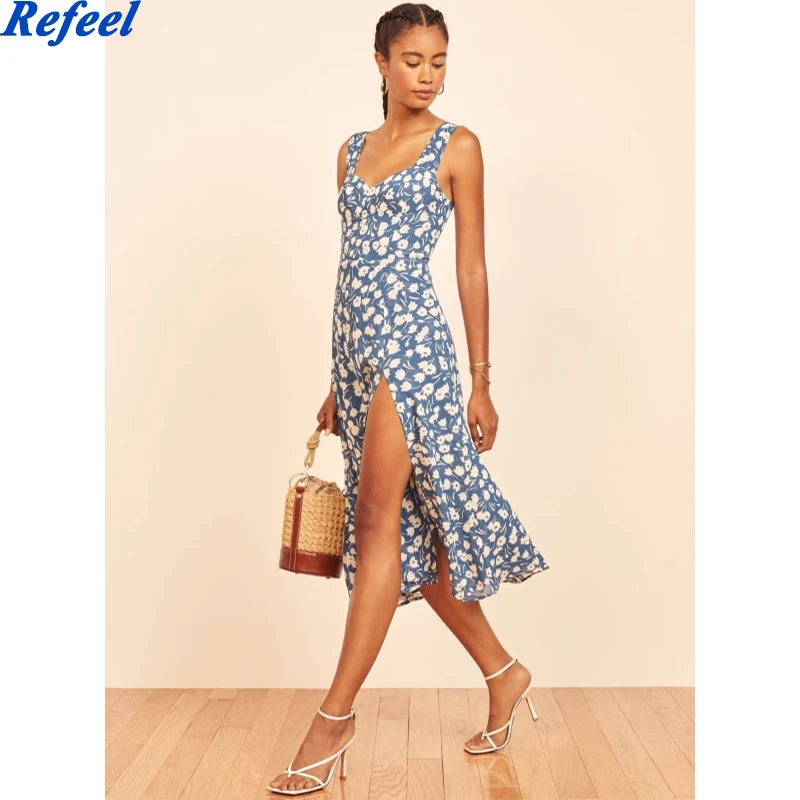 

Женское винтажное платье с v-образным вырезом, синее платье миди с разрезом