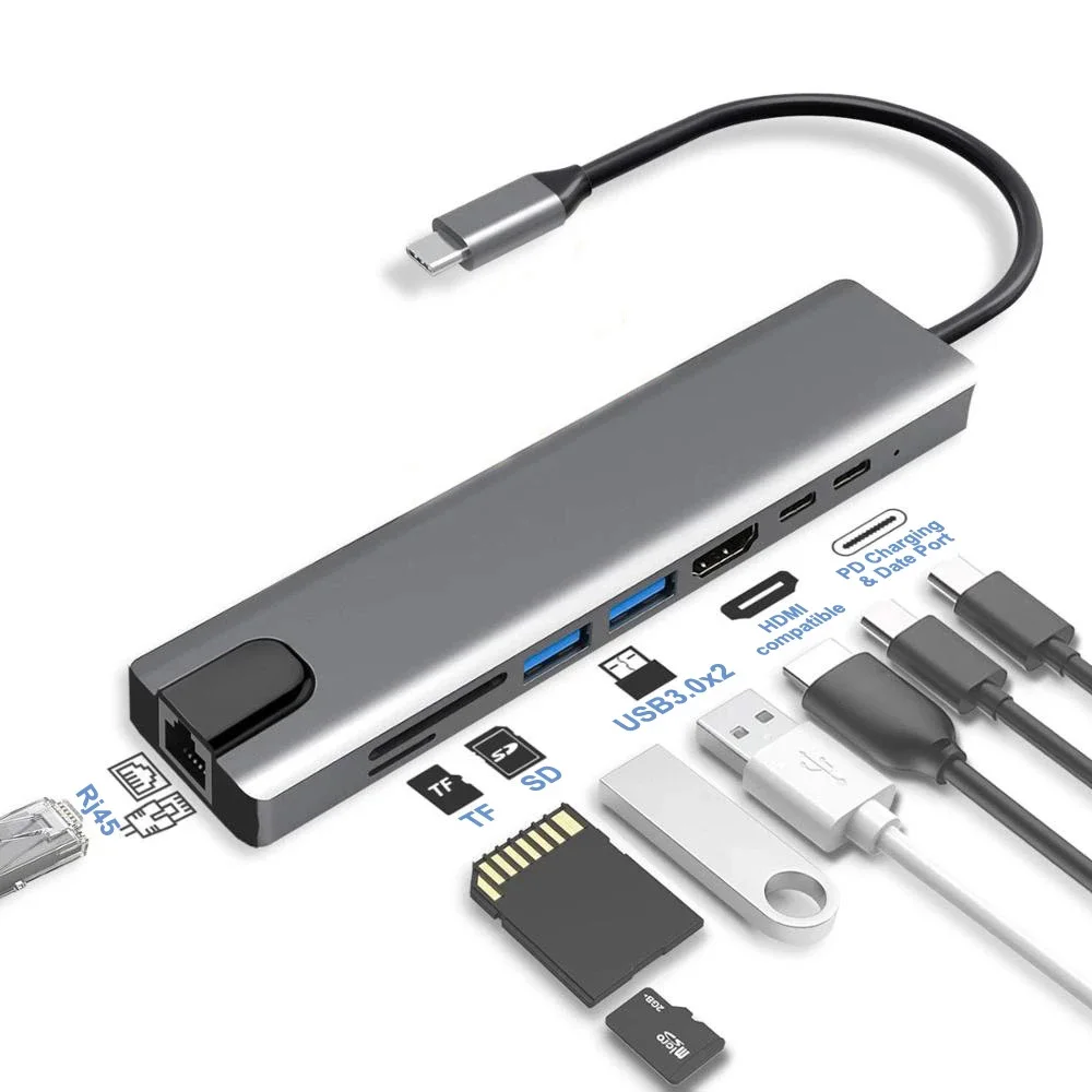 

USB C Hub Tipo-C 3.1A 4K HDMI RJ45 USB SD/TF Leitor de Cartao PD Caga Rapida 8-EM-1 Adaptador de Doca USB Para MacBook AR Pro