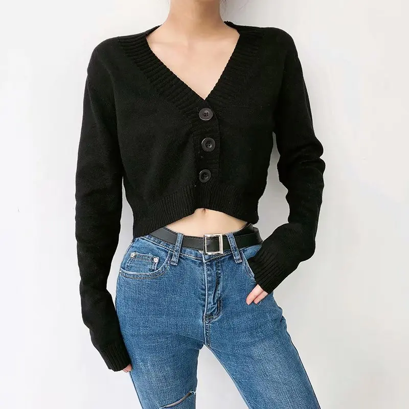 Женский однобортный трикотажный кардиган короткий свитер в Корейском стиле с